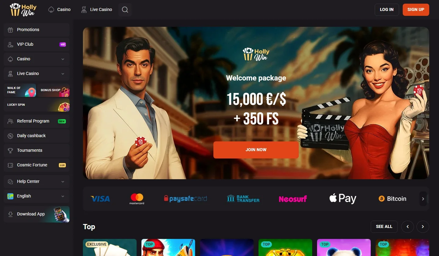 astropay casino: la pagina principale di Hollywin